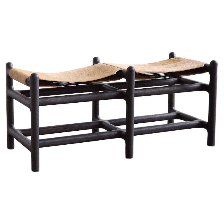 Lyndoe 2-Seater Bench in Burnt Oak & Hair-on Hide by Mary Ratcliffe Studio For Sale