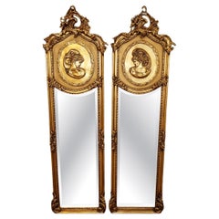 Pair of Tall Narrow Louis XV French Style Gold Figural Beveled Glass Mirrors