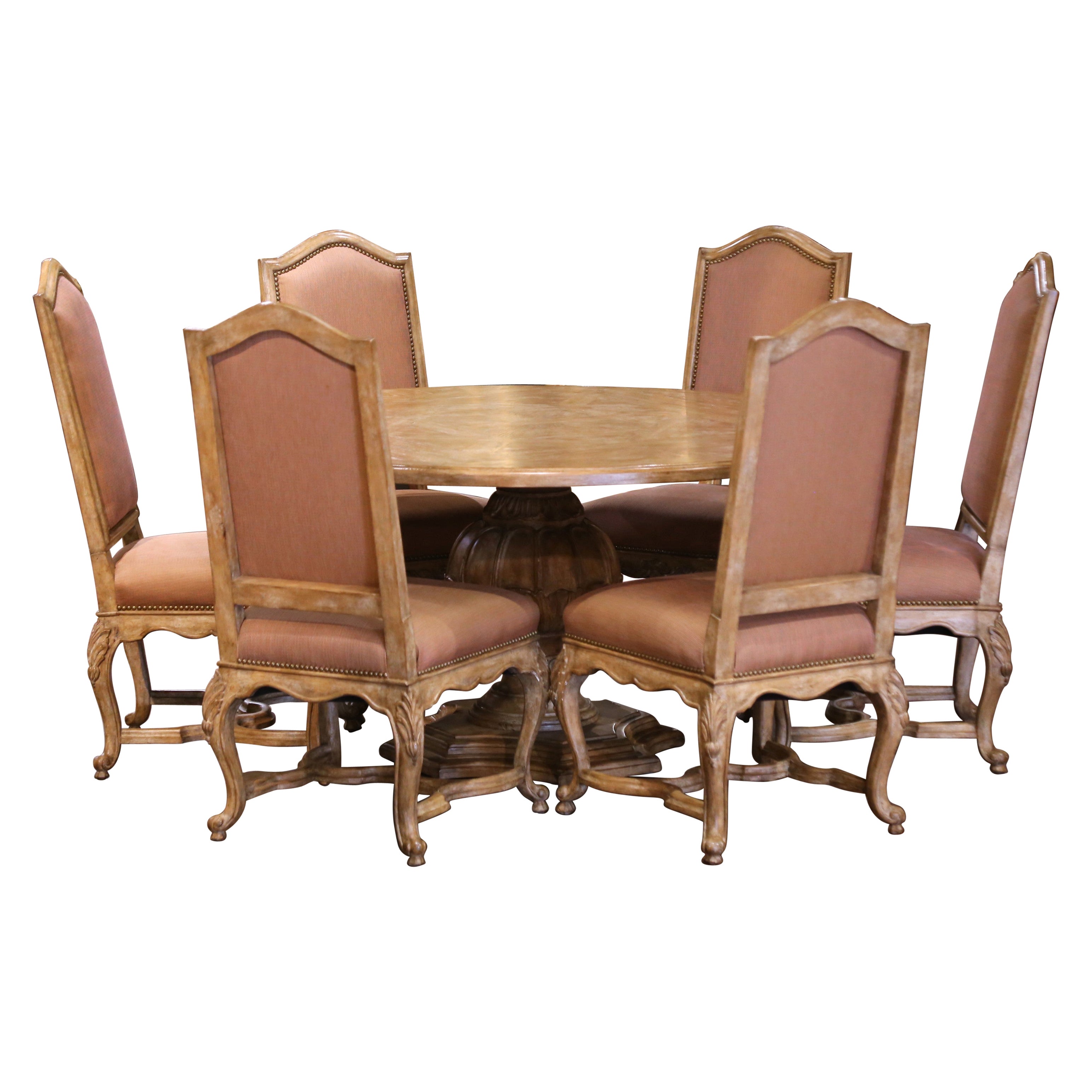 Late 20th Century French Louis XV Round Dining Table with Six Upholstered Chairs For Sale