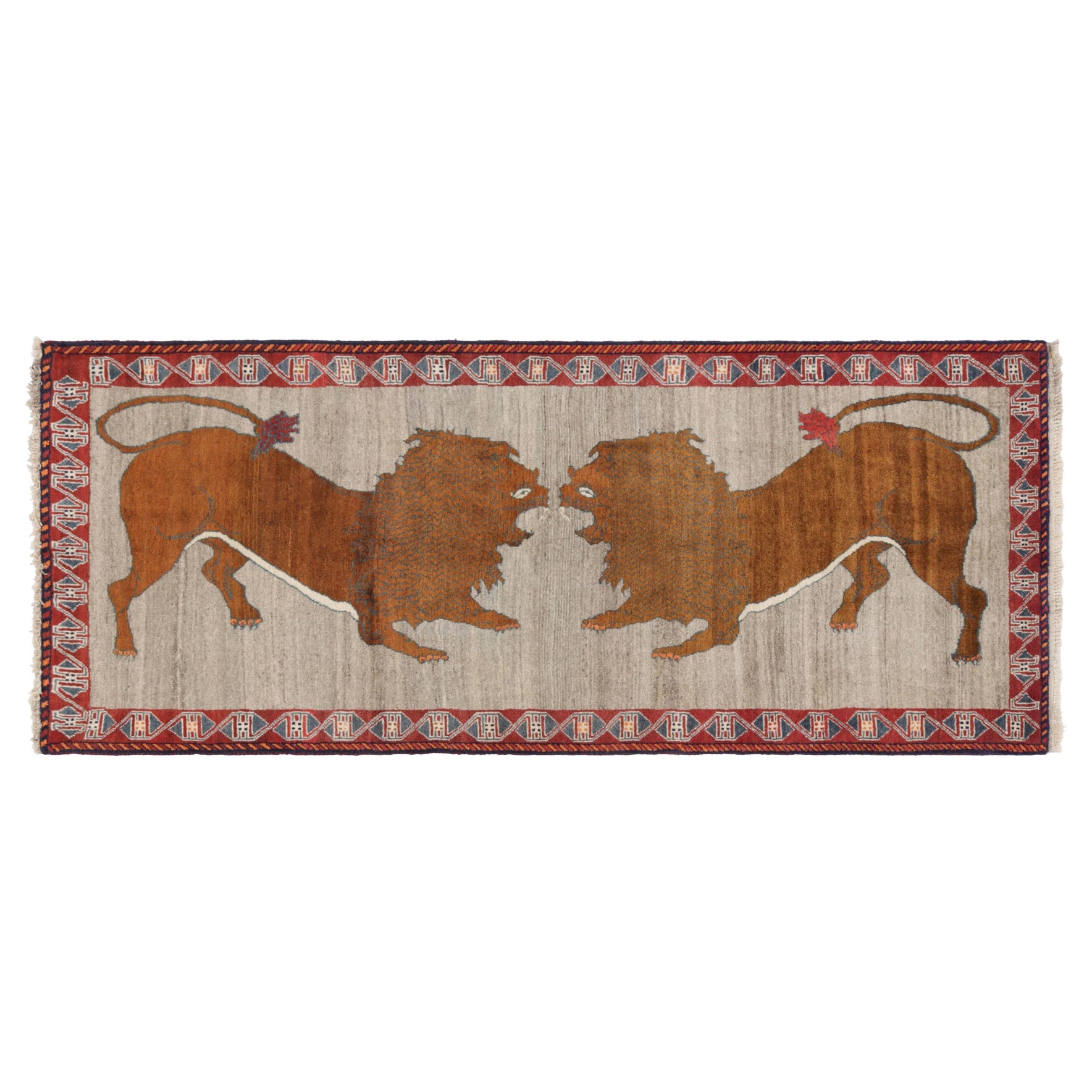 Vintage Gabbeh Persian Runner Rug in Gray with Lion Pictorials - Rug & Kilim