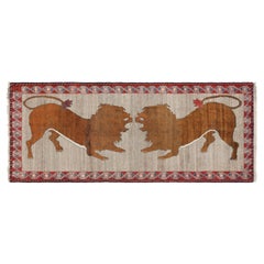 Vintage Gabbeh Persian Runner Rug in Gray with Lion Pictorials - Rug & Kilim