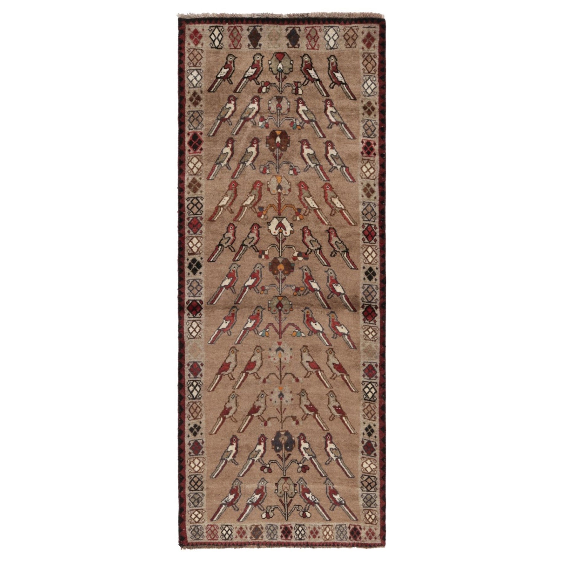 Alfombra persa vintage Gabbeh, topo y pájaros rojos - Rug & Kilim