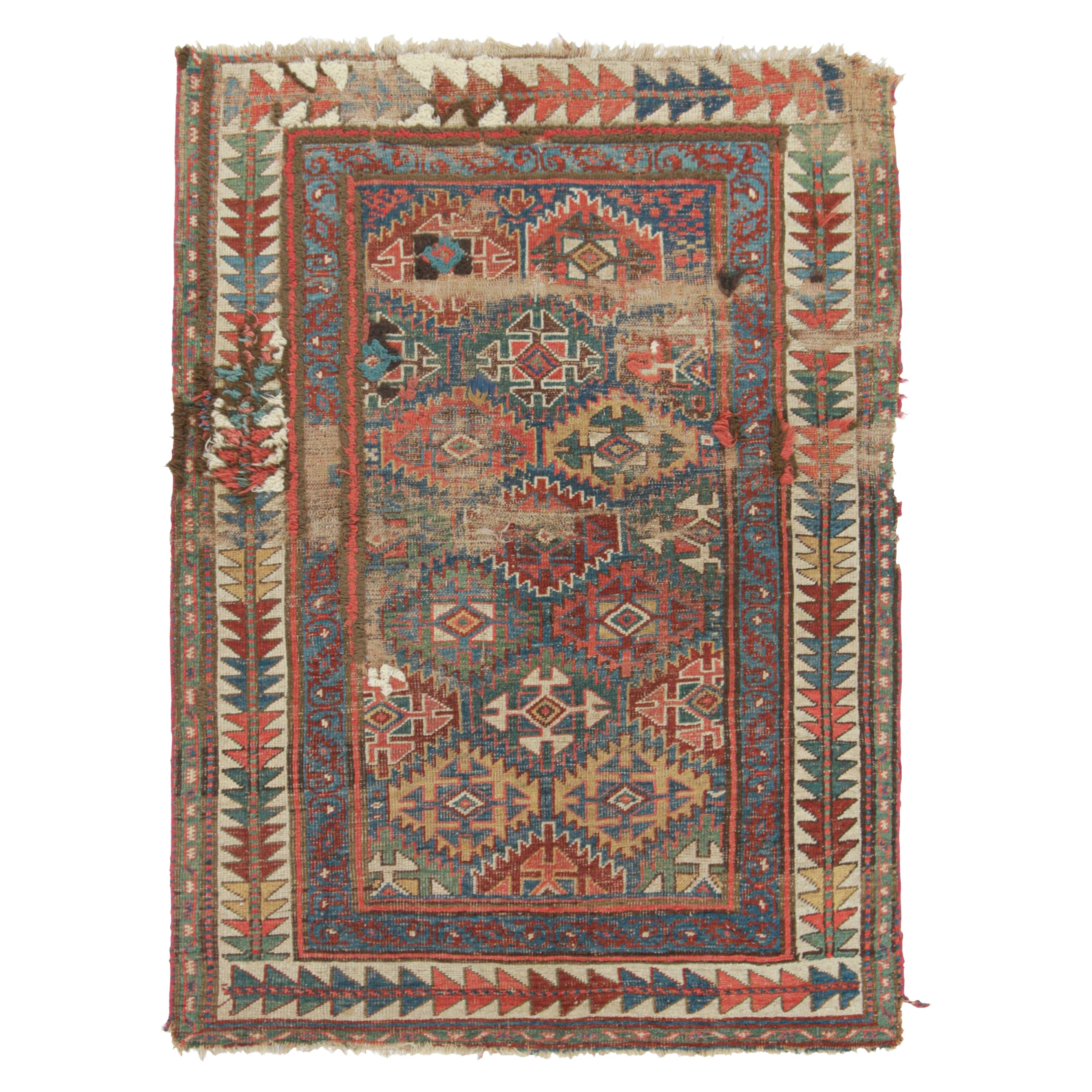 Antique Russian Kazak Rug with Blue and Red Geometric Patterns - Rug & Kilim For Sale