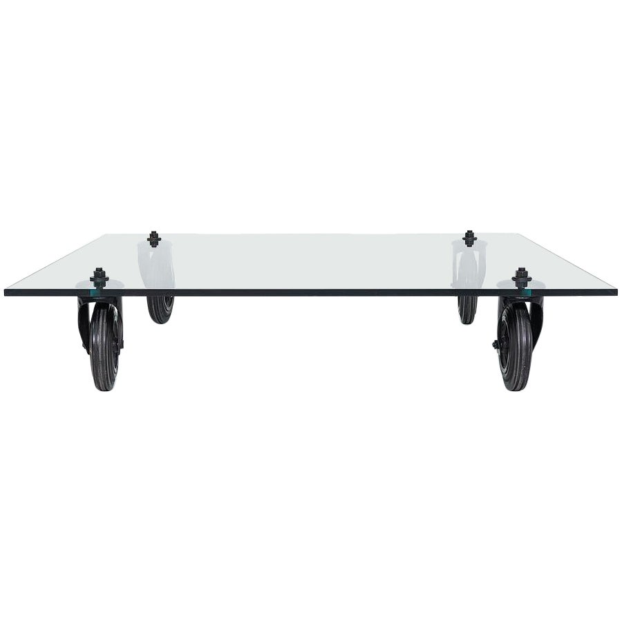 1990s Gae Aulenti for Fontana Arte Tavolo Con Ruote Glass Coffee Table 47" For Sale