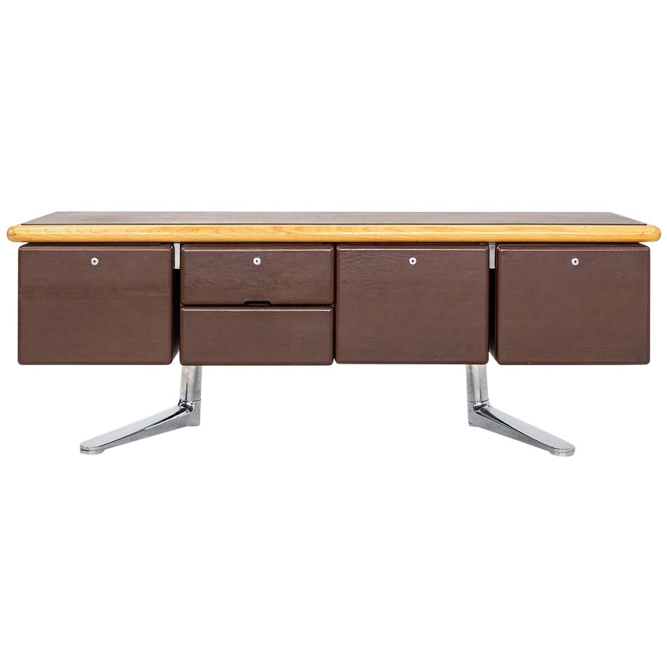 1979 Warren Platner Executive Credenza in Oak, Leather, and Chromed Steel