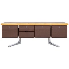 1979 Warren Platner Executive Credenza in Oak, Leather, and Chromed Steel