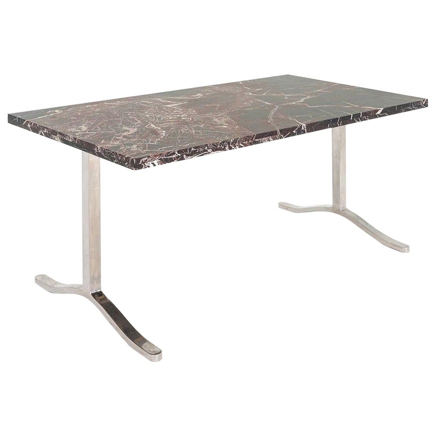 1970 Nicos Zographos Table de salle à manger en marbre Rosso Levanto et acier inoxydable en vente