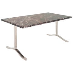 1970 Nicos Zographos Table de salle à manger en marbre Rosso Levanto et acier inoxydable