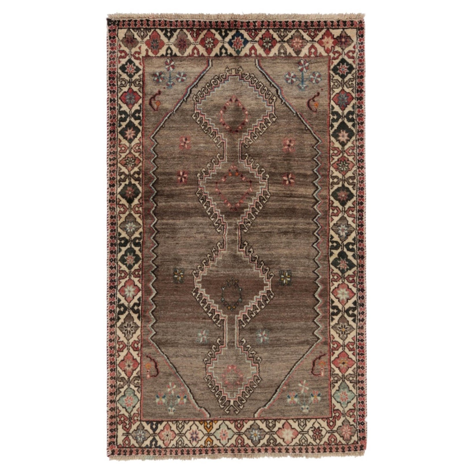 Alfombra persa Gabbeh vintage en beige-marrón con medallón geométrico - Rug & Kilim