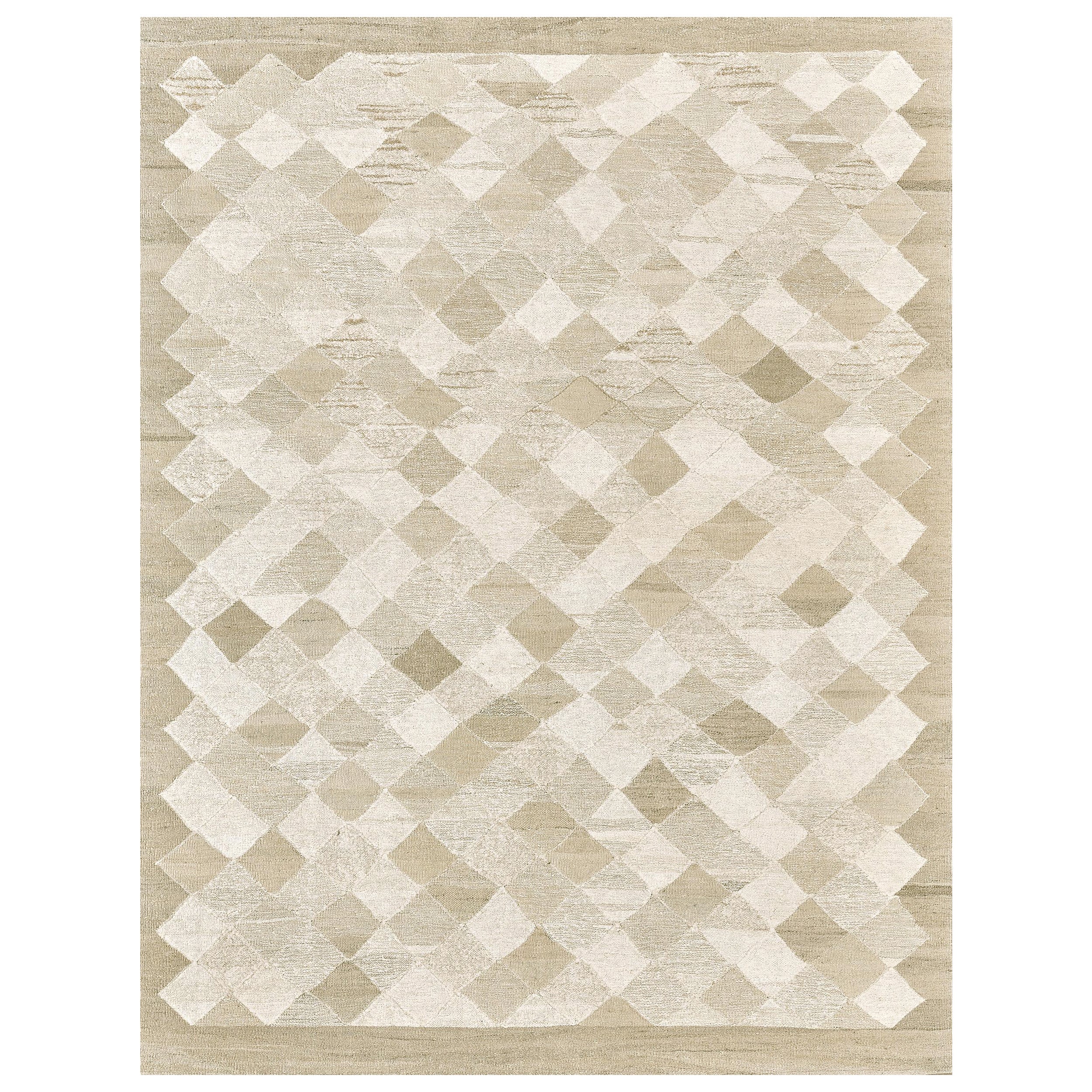Moderner handgewebter Flachgewebe-Teppich aus karierter Wolle in Beige im Angebot