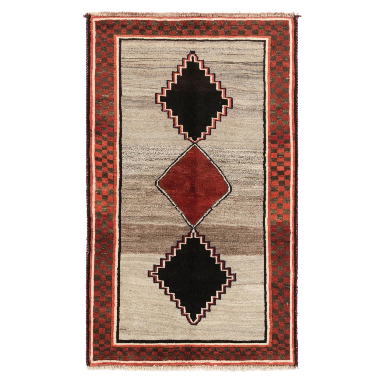 Alfombra Persa Gabbeh Vintage, Roja y Negra con Medallones de Diamantes - Rug & Kilim