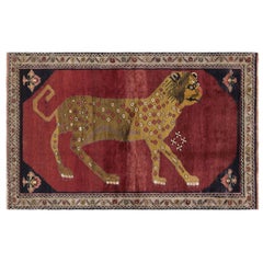 Vintage Gabbeh Persian Rug in Red with Lion Pictorial - Rug & Kilim
