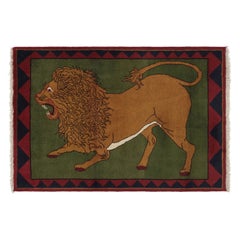 Vintage Gabbeh Persian Rug, Green and Brown with Lion Pictorial - Rug & Kilim
