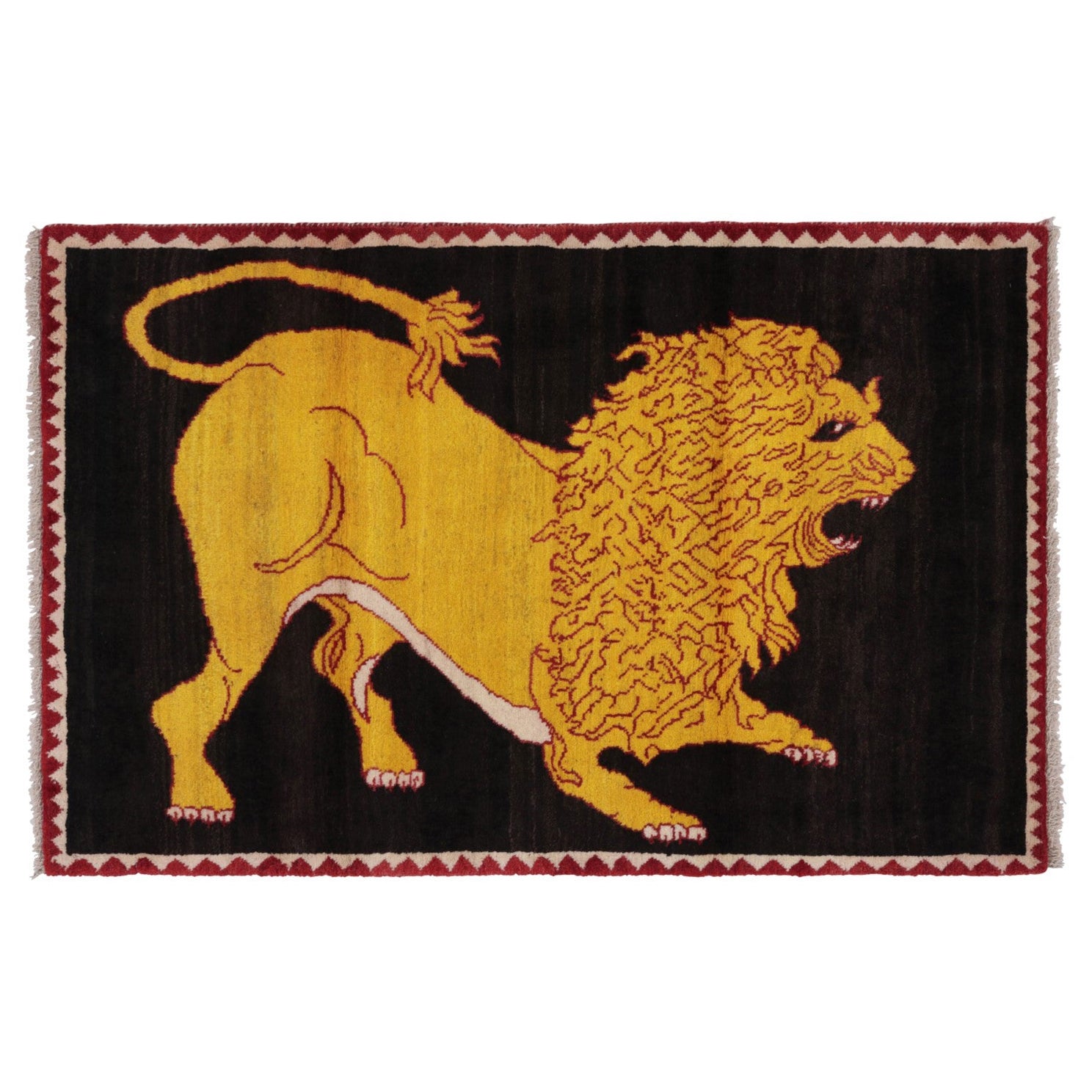 Vintage Gabbeh Persian Rug, Gold and Black with Lion Pictorial - Rug & Kilim