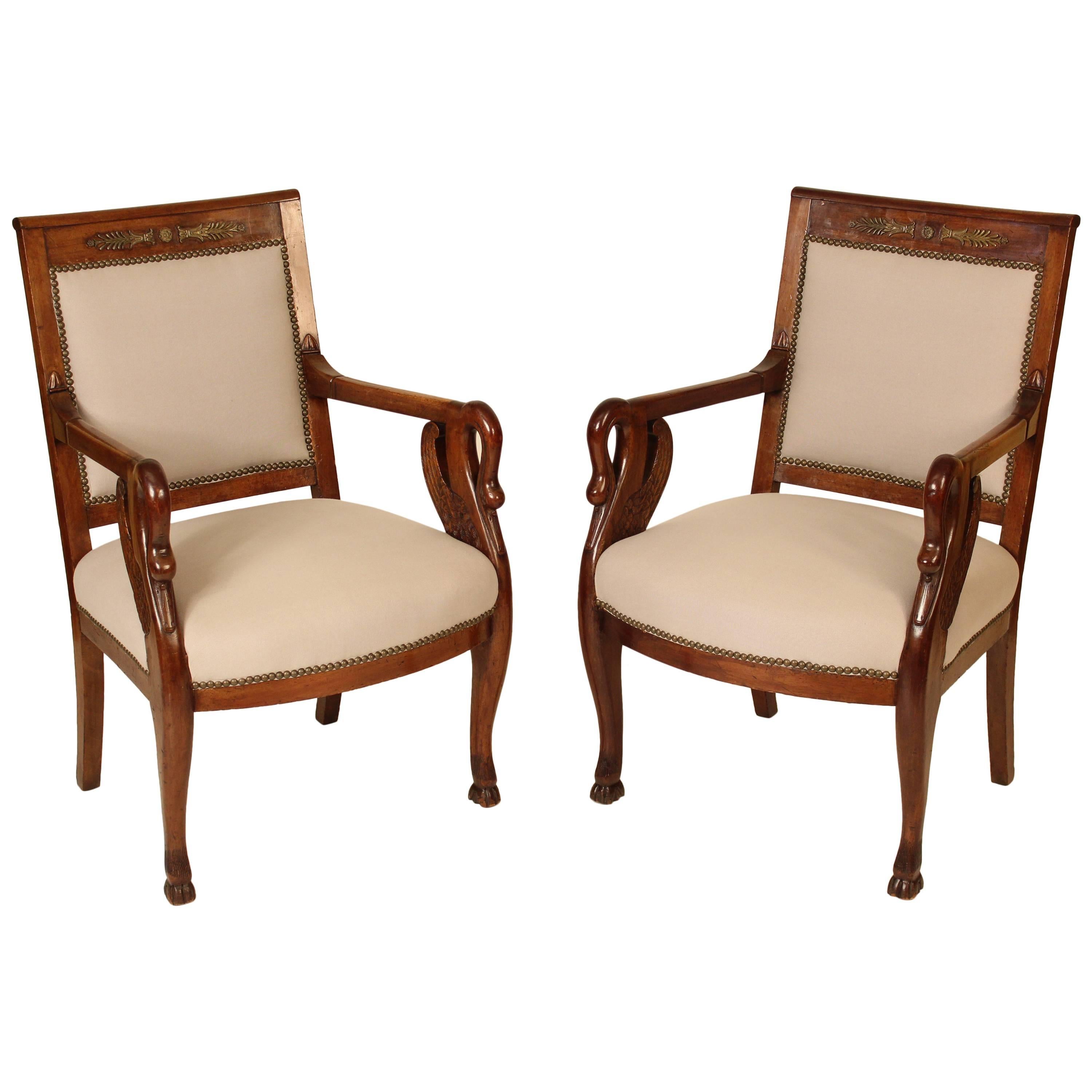 Pair of Empire Style Swan Carved Armchairs