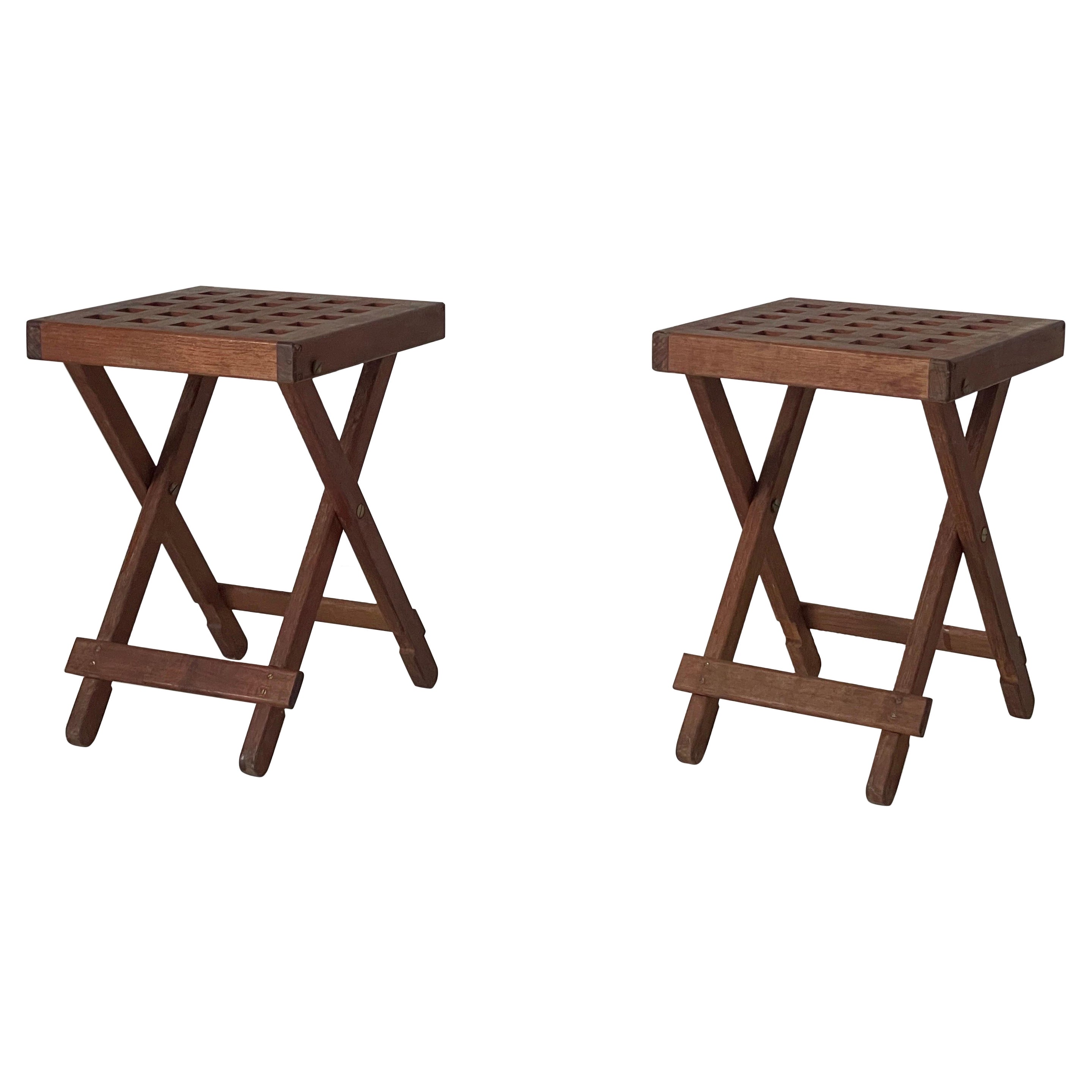Foldable Wood Pair of Camping Stools, 1960s, Italy For Sale