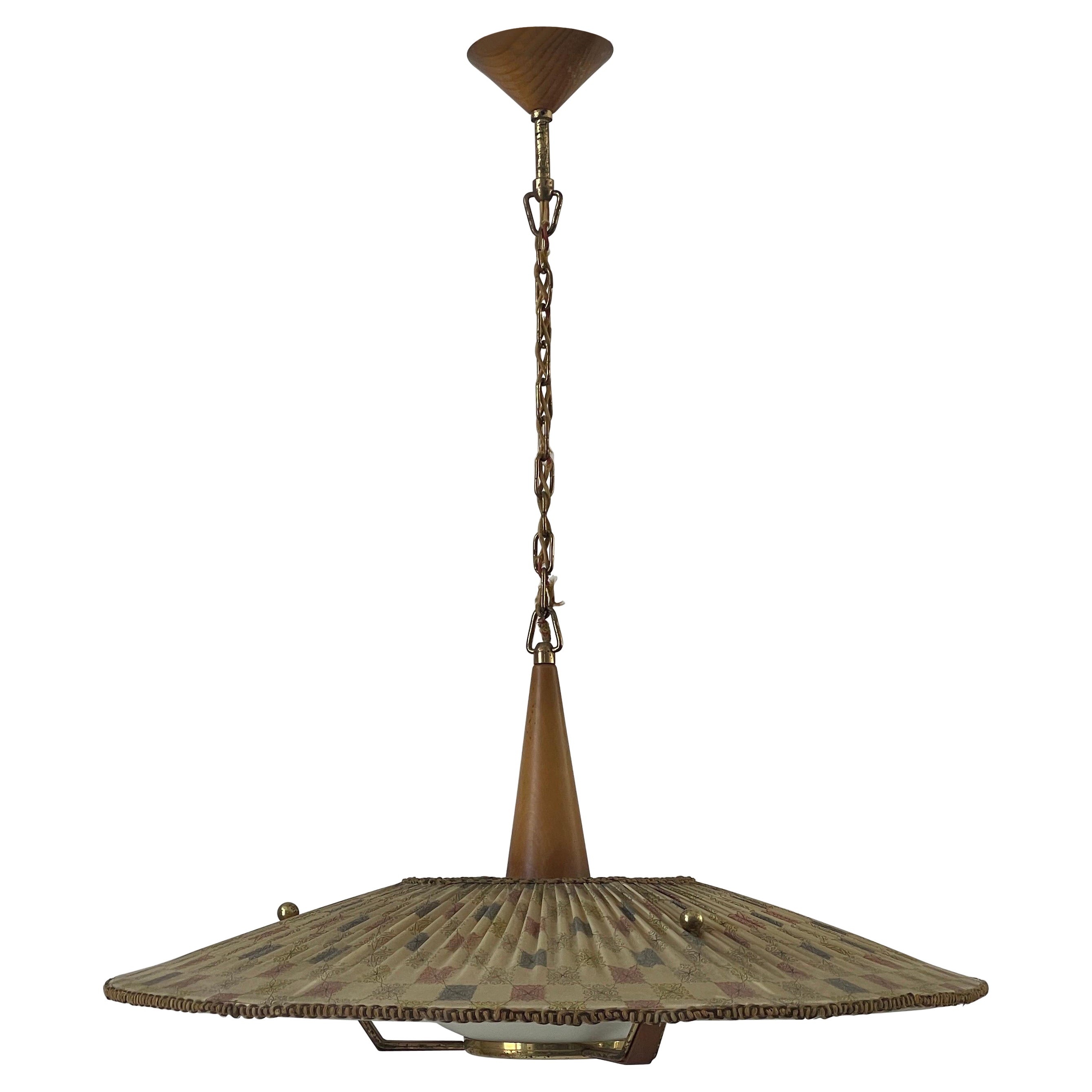 Grande lampe suspendue en tissu, Wood Wood Wood et laiton, années 1960, Italie en vente