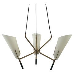 3- armed Glass and Brass Pendant Lamp, 1960s, Italy
