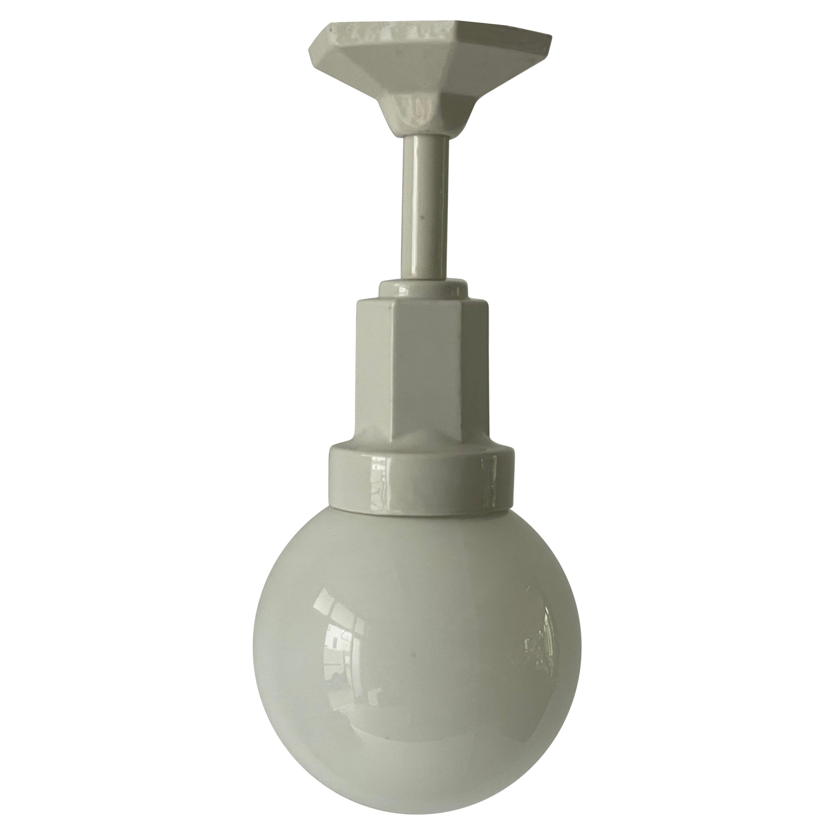 Art Deco Glass Ball and White Ceramic Body Pendant Lamp, 1950s, Italy For Sale