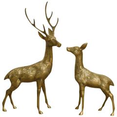 Vintage Huge Large Set Brass Deer Sculptures, 1970s