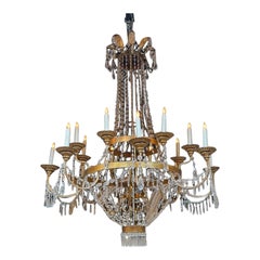 Antico lampadario toscano di grandi dimensioni in bronzo dorato e cristallo