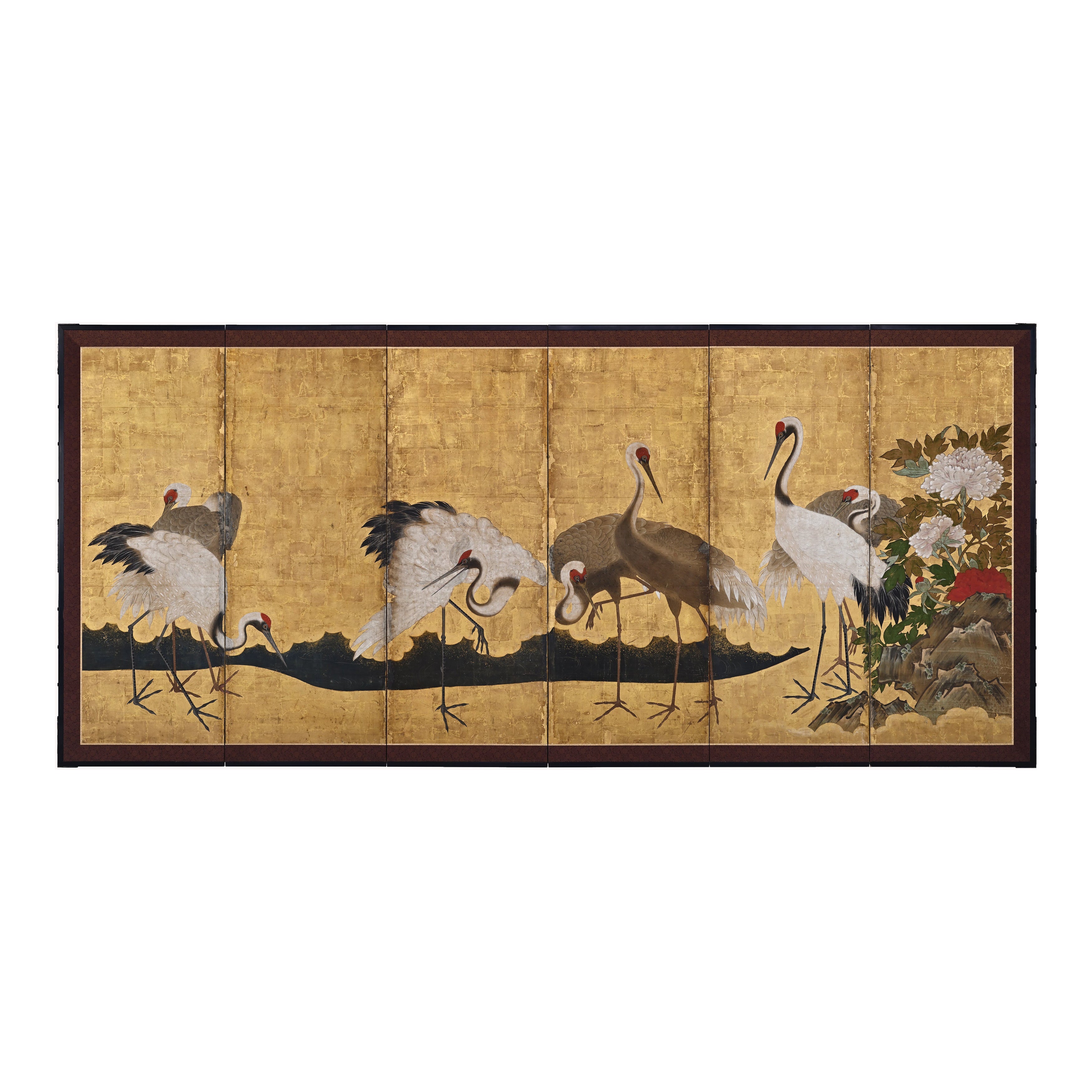 17th Century Japanese Screen. Cranes and Peonies. Edo period. For Sale