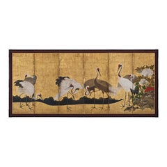 17th Century Japanese Screen. Cranes and Peonies. Edo period.