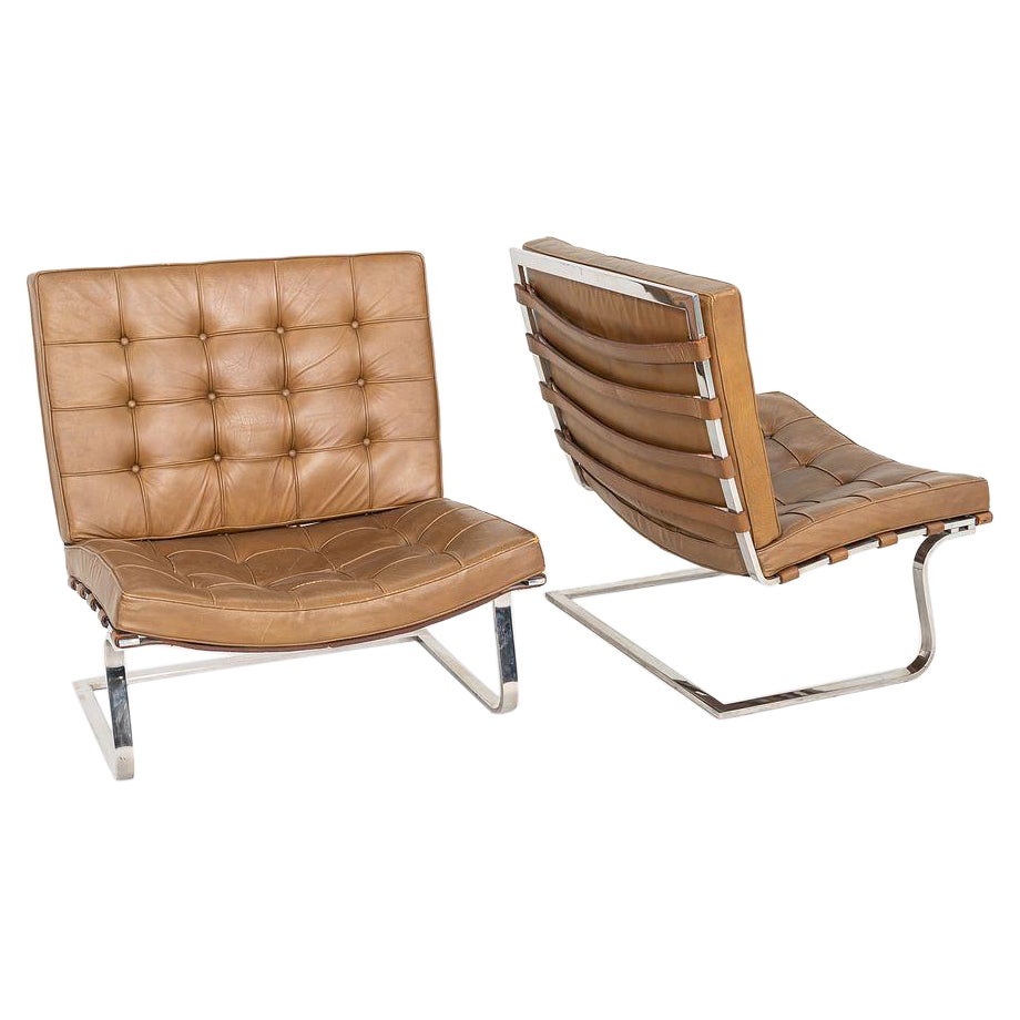 1970s Pair of Mies van der Rohe Tugendhat Armless Lounge Chairs in Camel Leather im Angebot