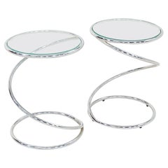 1970s Pair of Pace Collection Spring Side or End Tables in Chrome and Glass