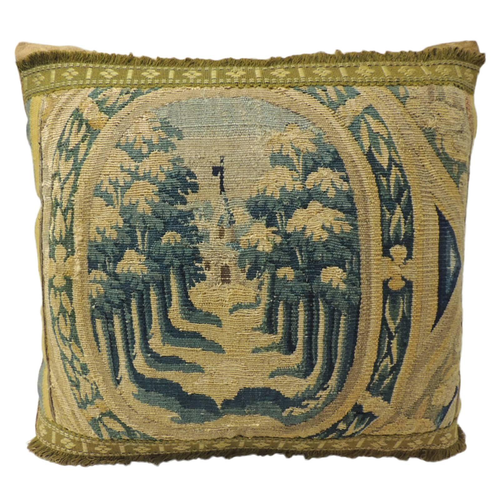 18th Century Gold and Green Verdure Tapestry Decorative Pillow 