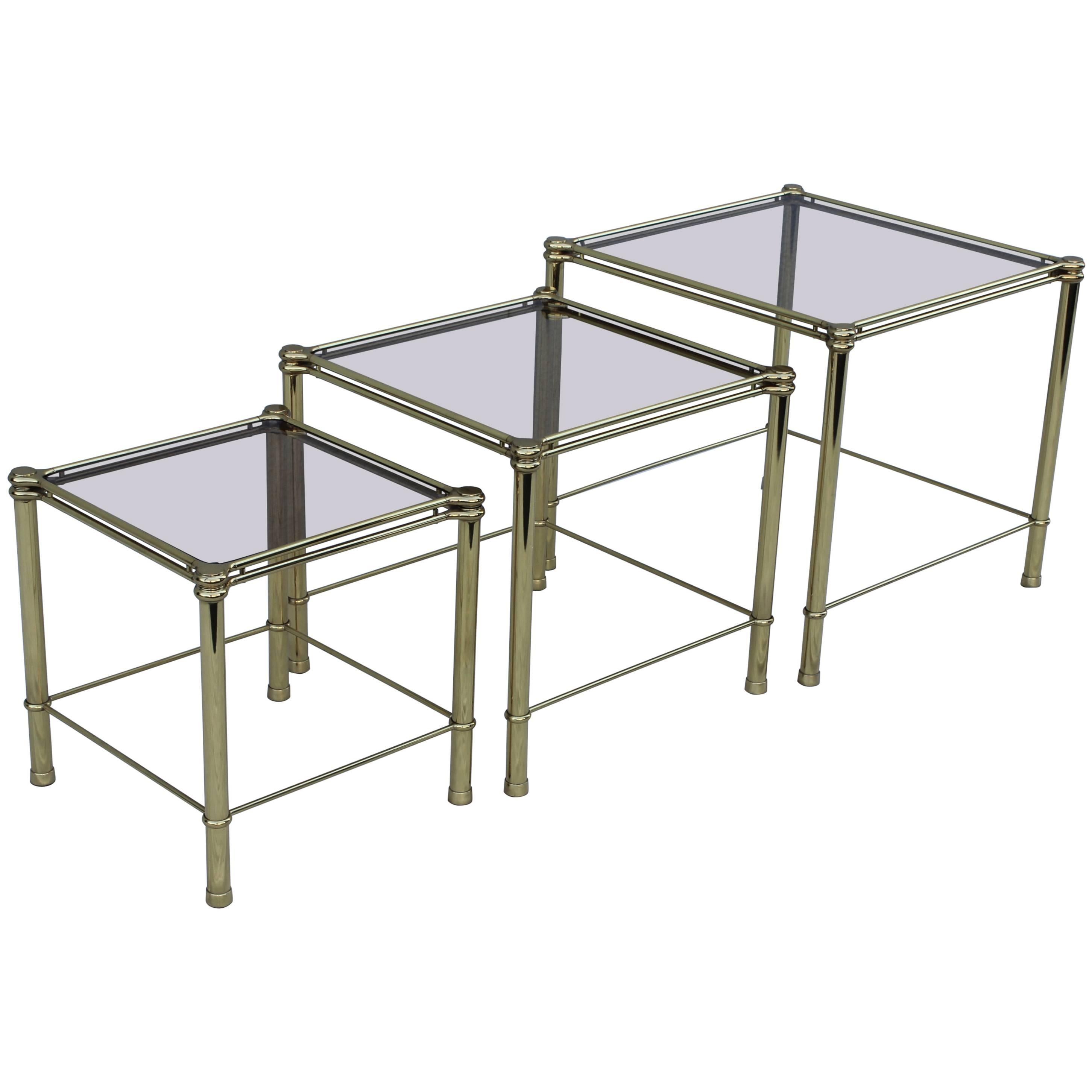 1960's Mid-Century Modern Italian Brass And Glass Nesting Tables For Sale