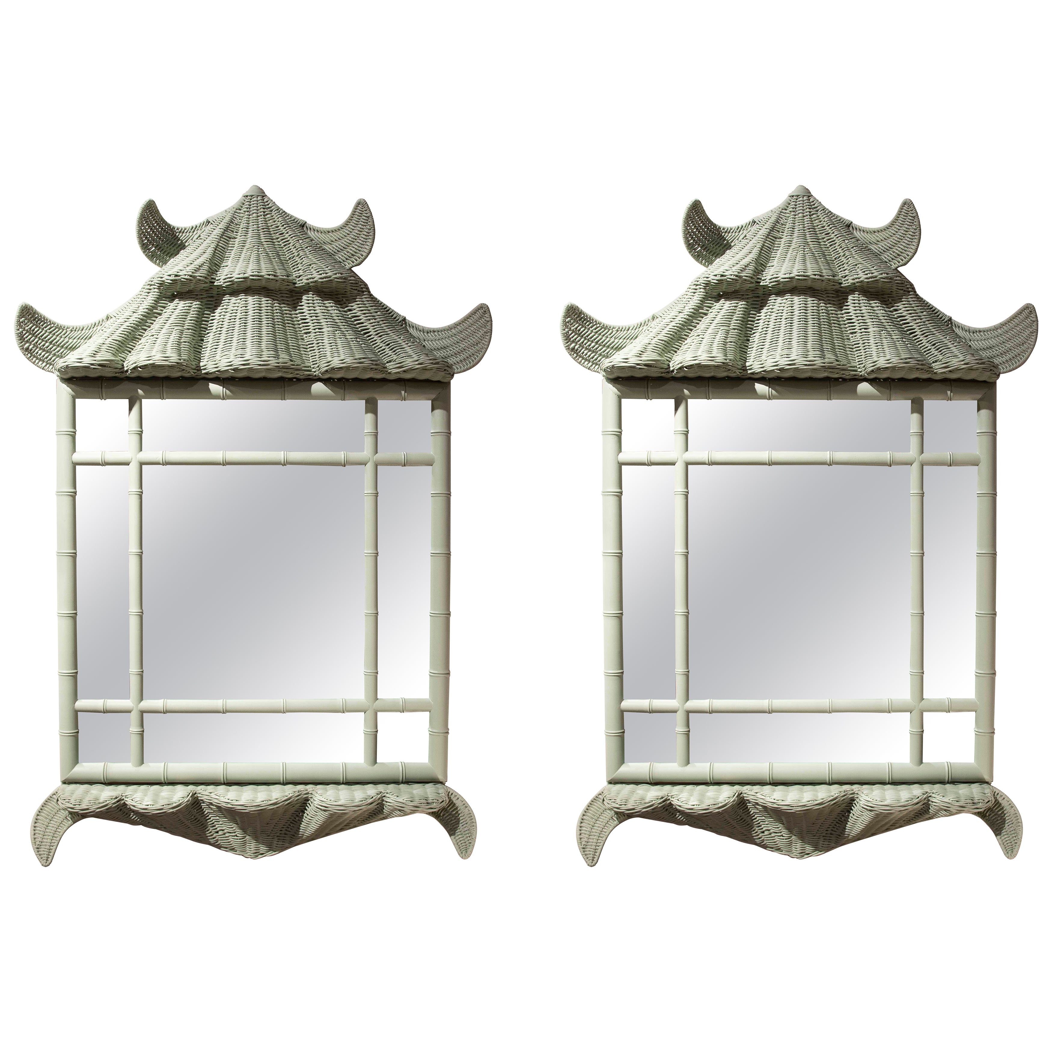 Pair of Wicker and Bamboo Imitation Wood Mirrors in Chinoiserie Style For Sale