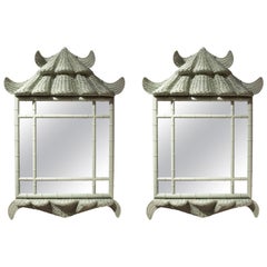 Pair of Wicker and Bamboo Imitation Wood Mirrors in Chinoiserie Style