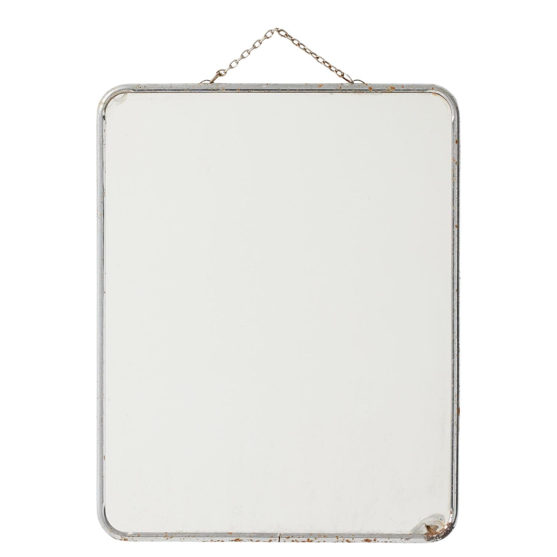 Vintage French Metal-Framed Mirror with Rounded Corners and Chain, 1940s