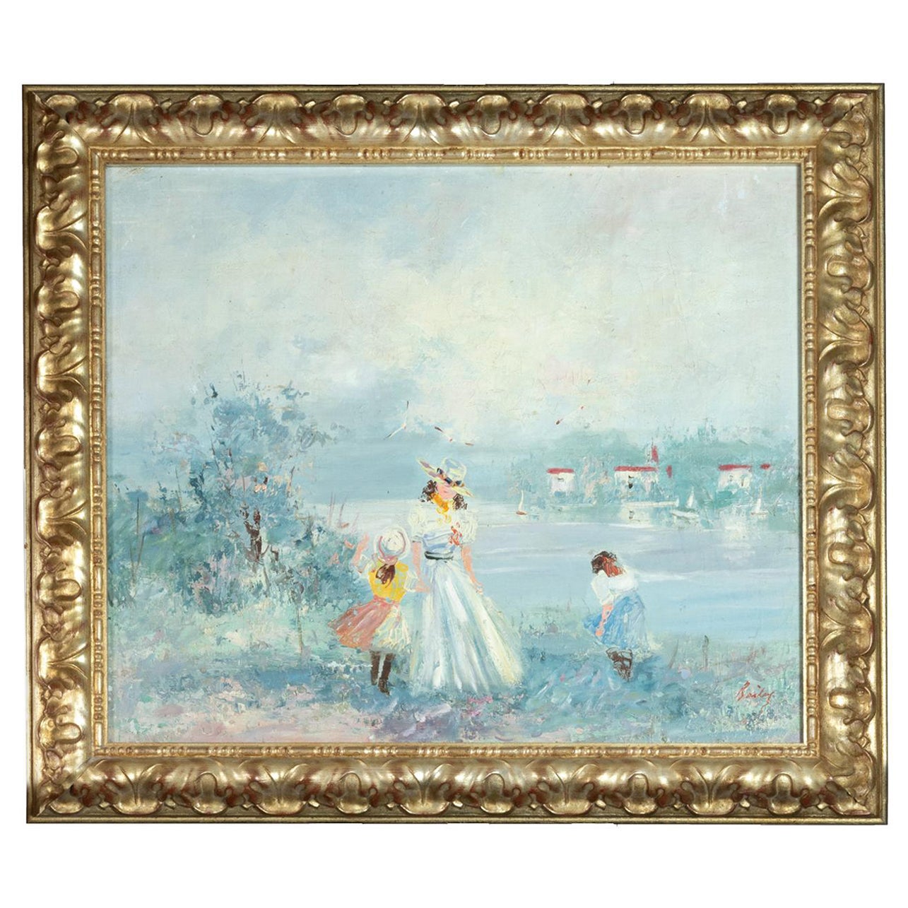 Peinture impressionniste Paysage fluvial par Bailey, début du 20e siècle en vente