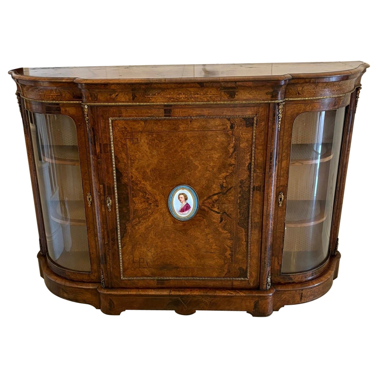 Outstanding Quality Antique Inlaid Burr Walnut Porcelain Mounted Credenza For Sale