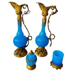 French Opaline Blue Glass Vanity Set with Gilt Bronze, 19th Century