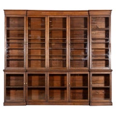 Monumental English 19thC Oak Breakfront Glazed Bookcase