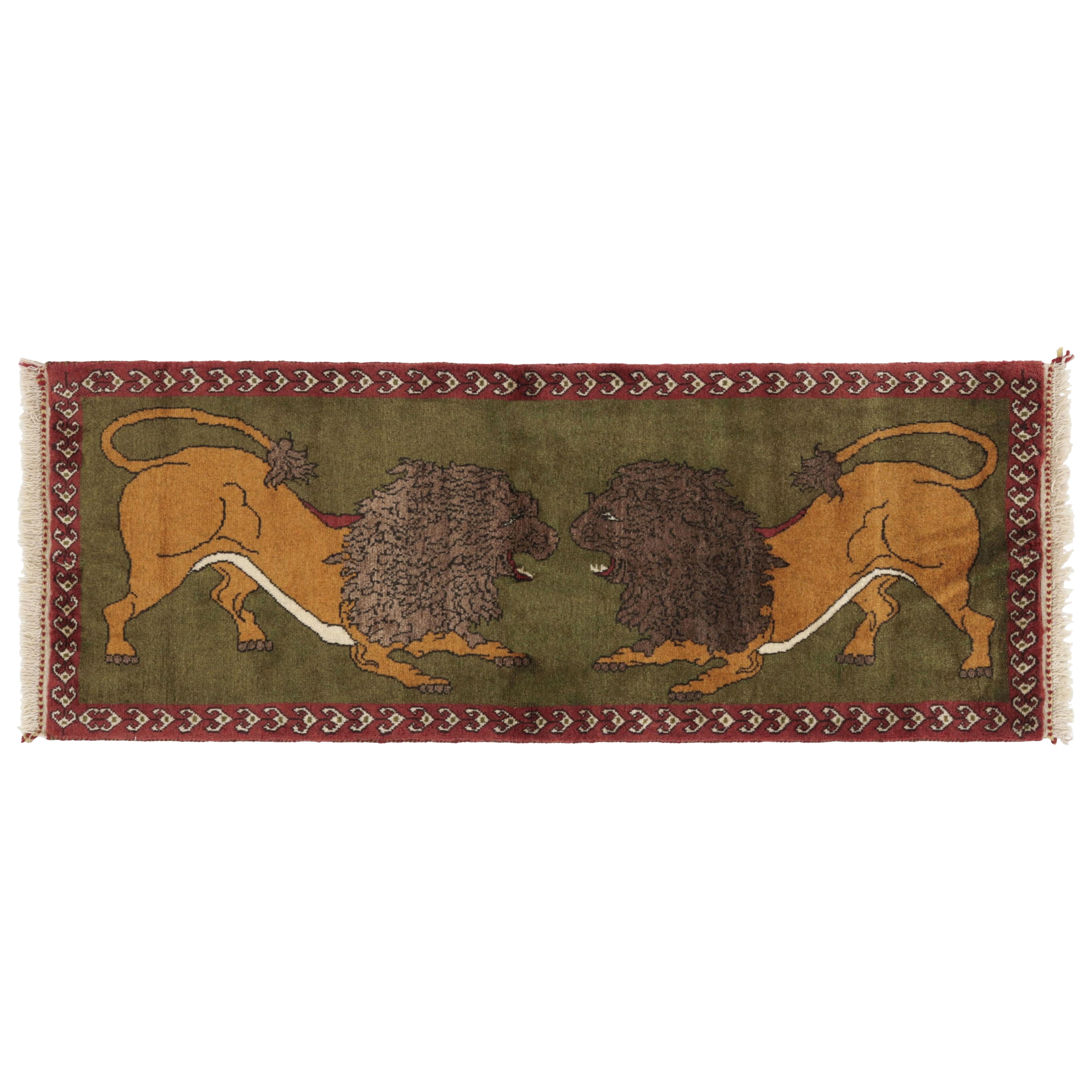 Vintage Gabbeh Persian Runner Rug in Green with Lion Pictorials - Rug & Kilim