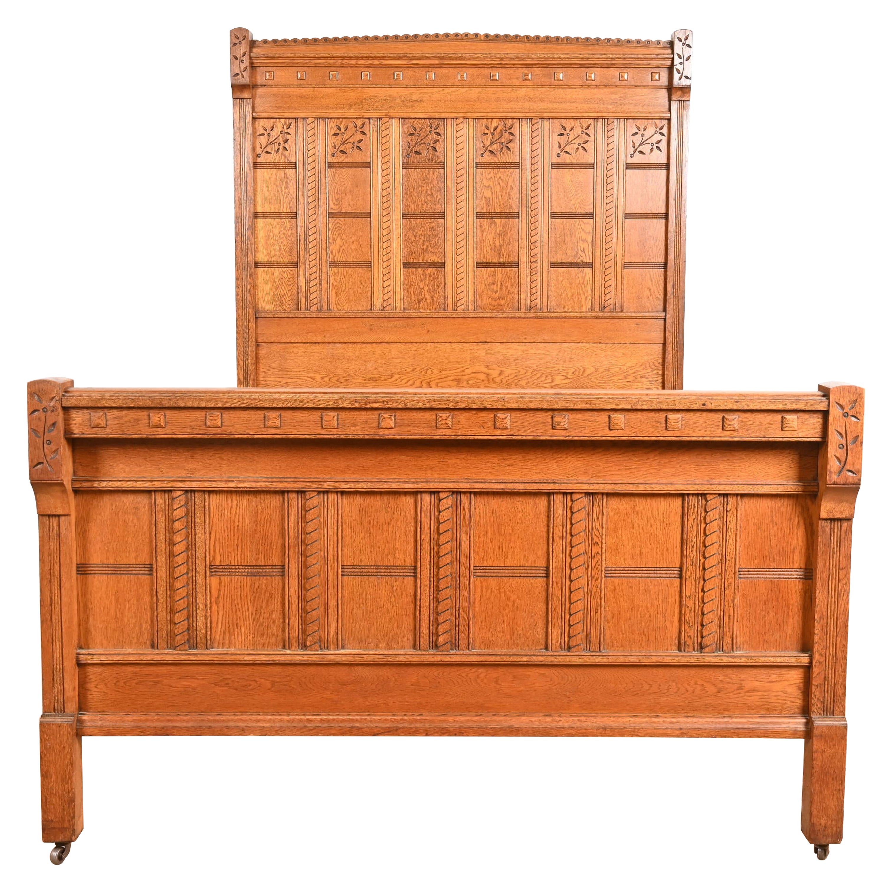 Herter Brothers Style Antique Eastlake Victorian Carved Oak Full Size Bed For Sale