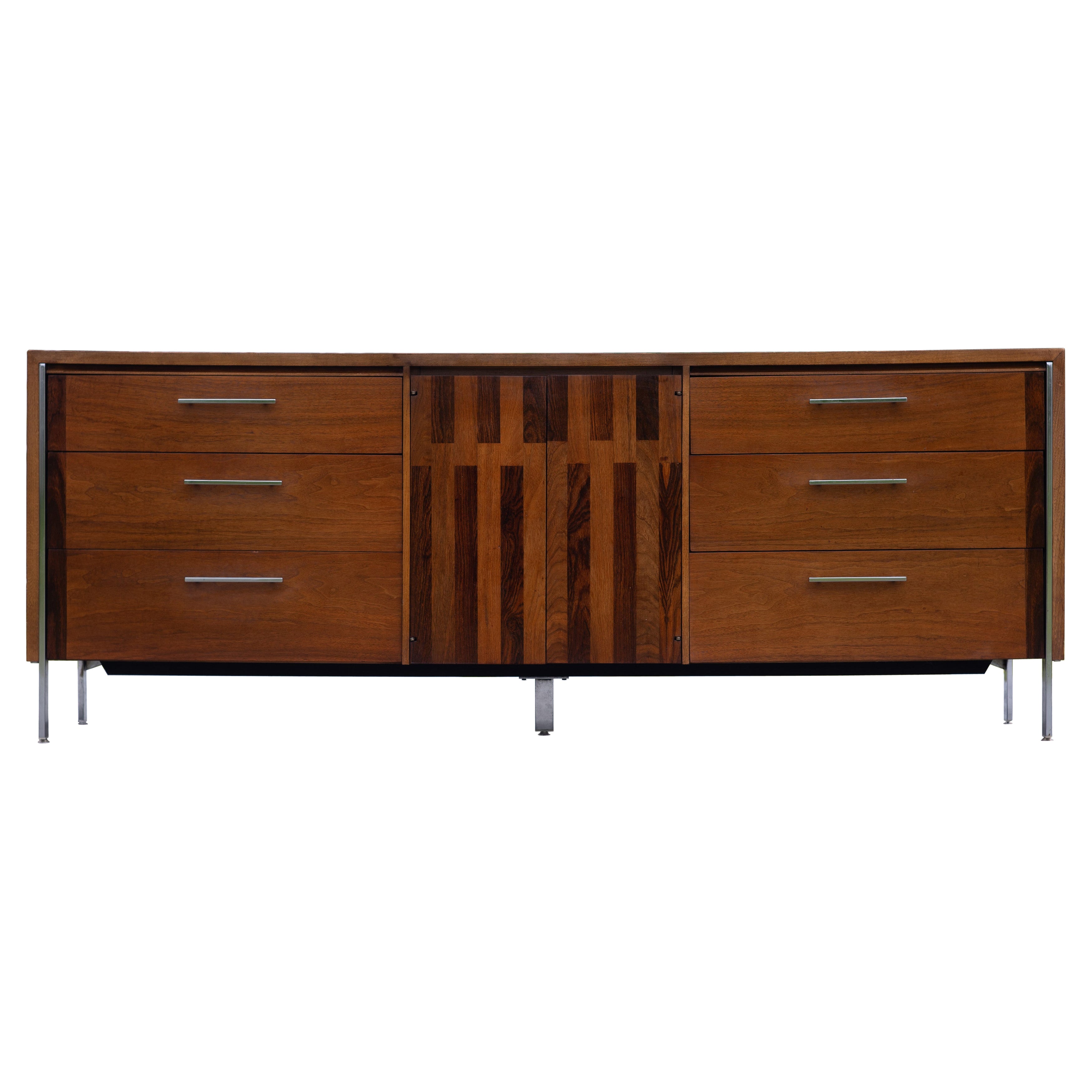 Lane Altavista Walnut & Rosewood 9 Drawer Long Dresser or Cabinet w/ Chrome Legs