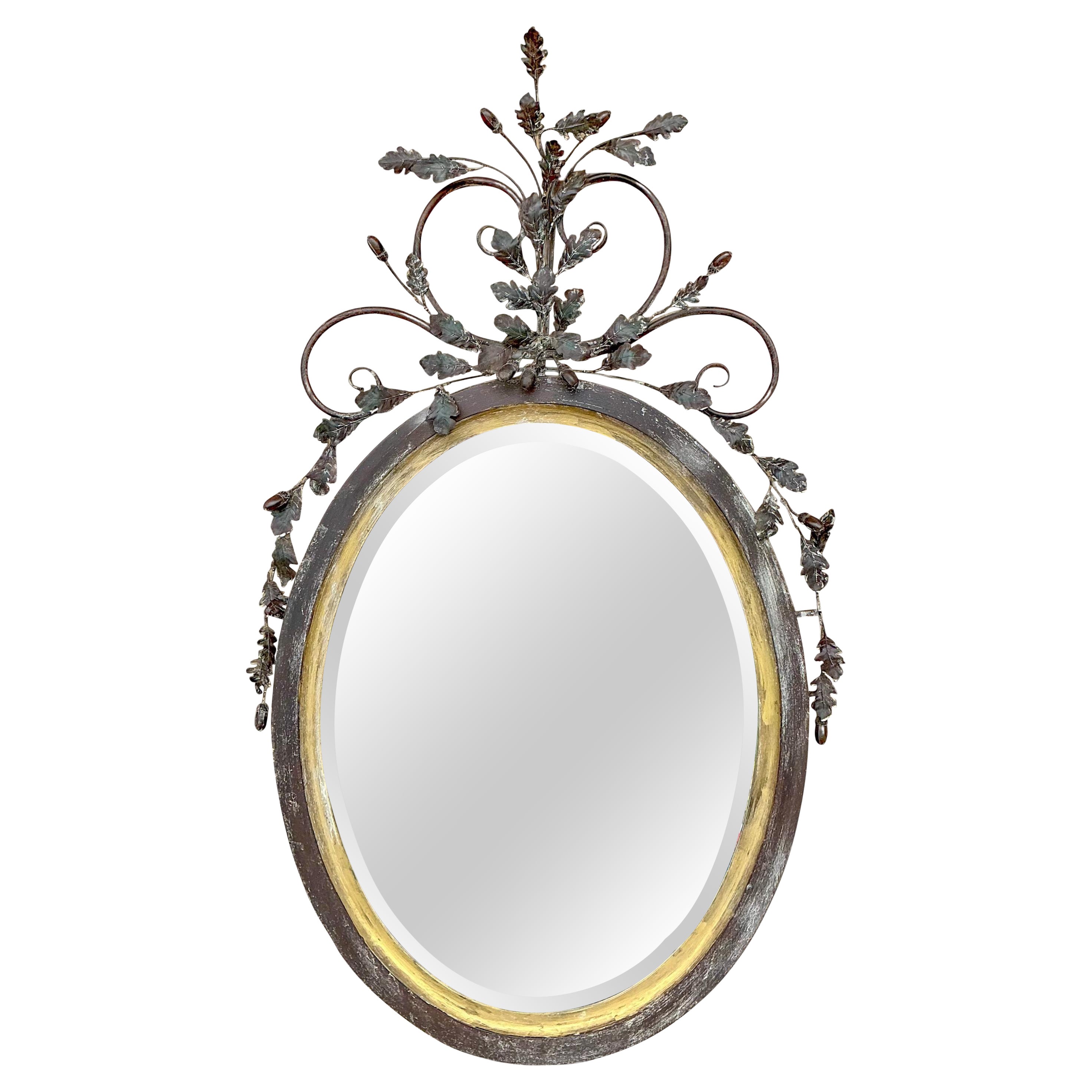 LaBarge Italian Giltwood & Painted Tole Mirror With Acorn & Leaf Metal Foliate For Sale