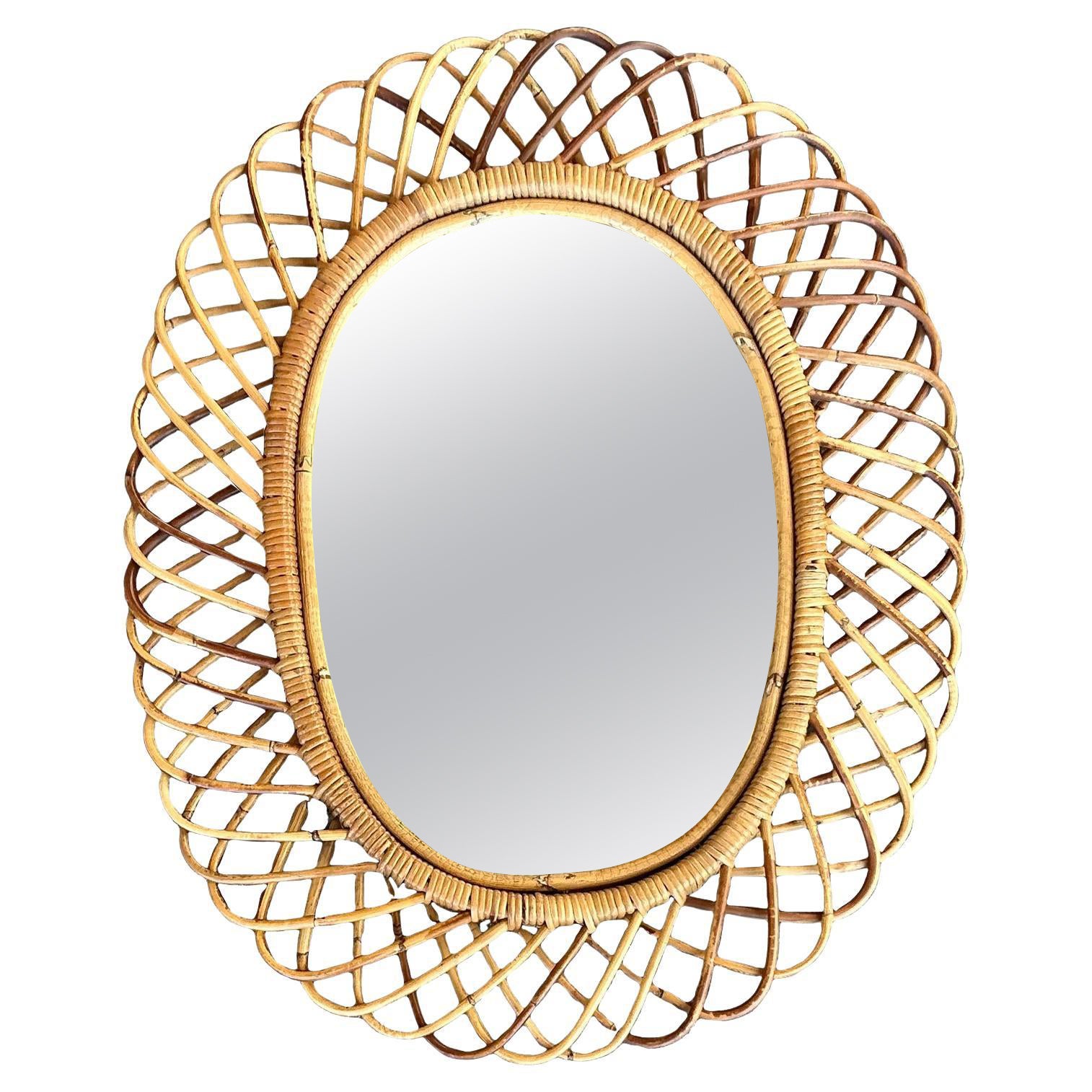 Specchio vintage in rattan Looping italiano dopo Albini in vendita