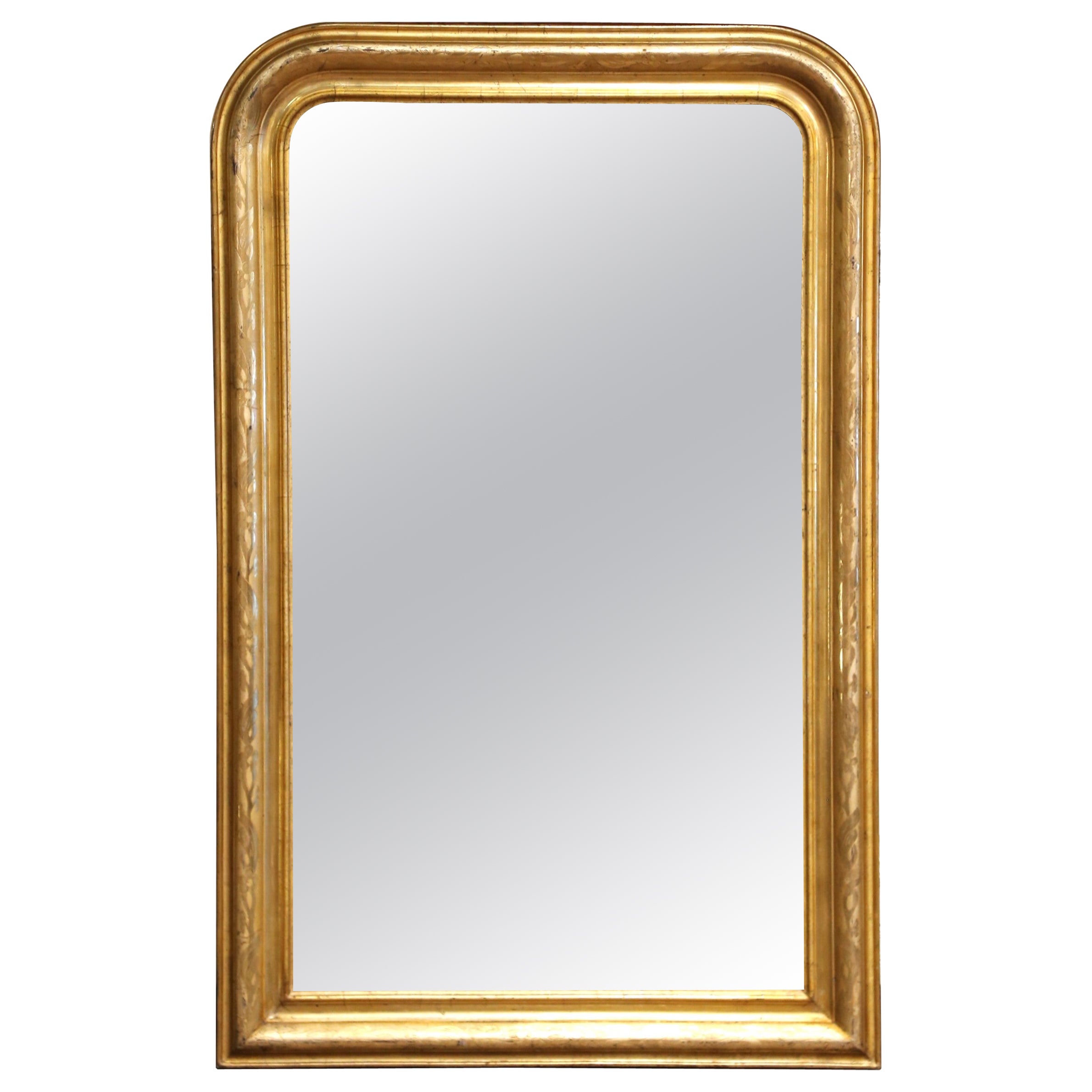 Specchio in legno dorato francese del XIX secolo di Louis Philippe con decorazioni floreali incise