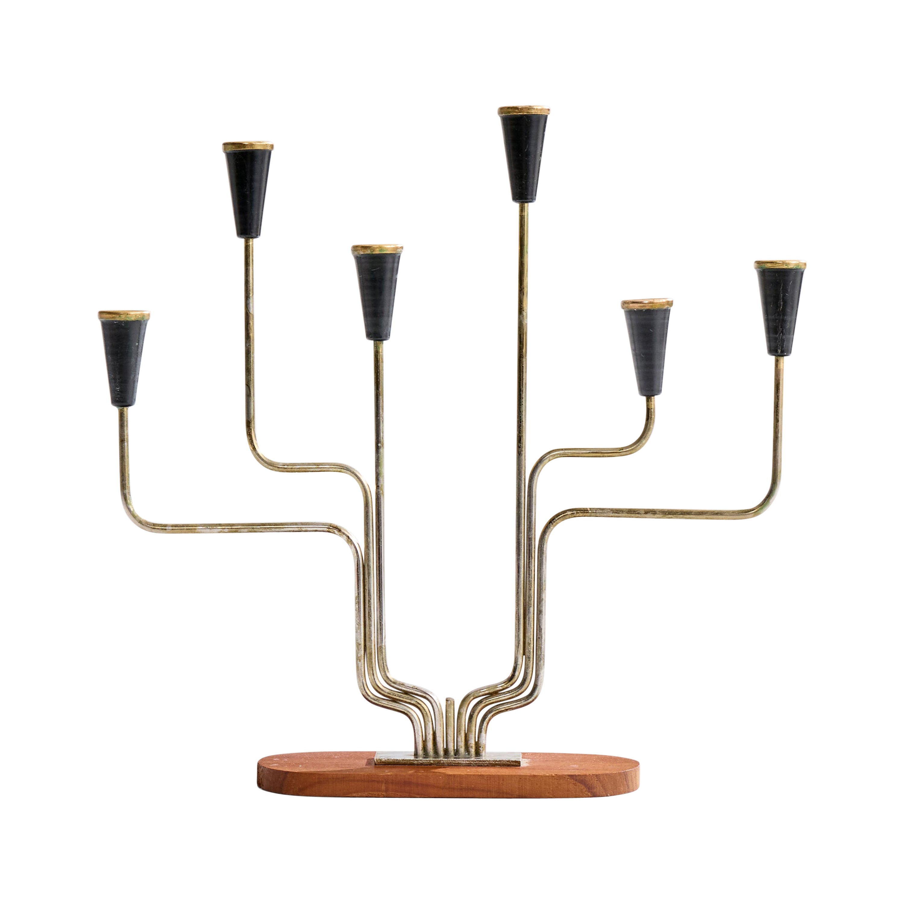 Designer suédois, chandelier, métal, laiton, teck, Suède, années 1950