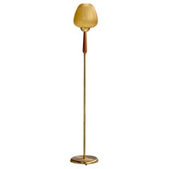 Schwedischer Designer, Stehlampe, Messing, Teakholz, Glas, Schweden, 1950er Jahre