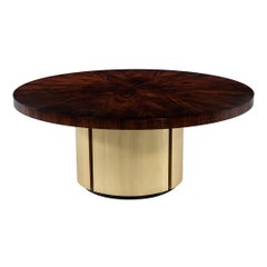 Custom Modern Round Walnut Dining Table in Sunburst Pattern and Brass Base