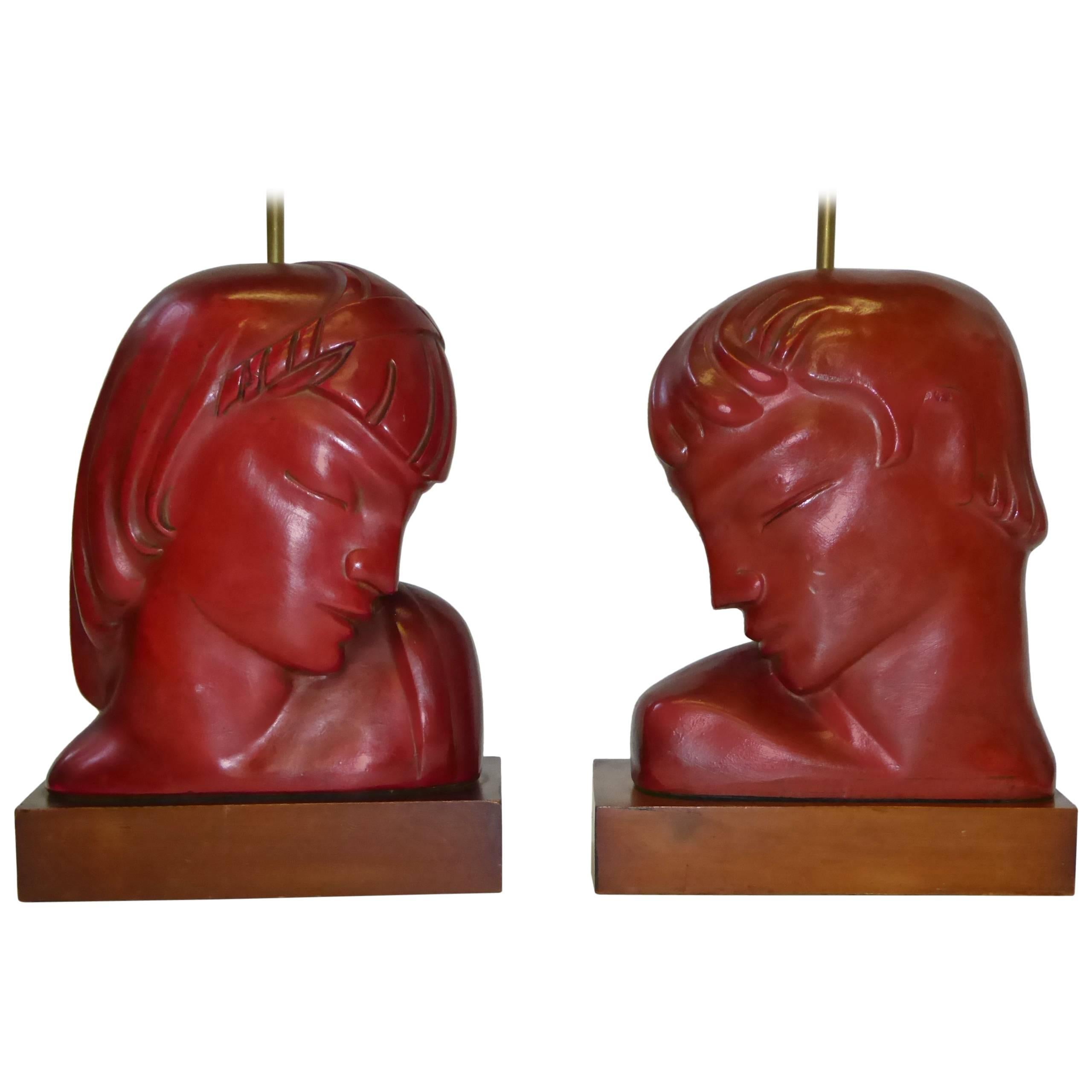 Art Deco Kupur Head Table Lamps in Cinnabar Red, 1930s