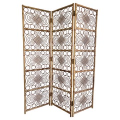 Vintage 1960s Italian 3 Panel Bamboo and Bent Pencil Reed Folding Screen