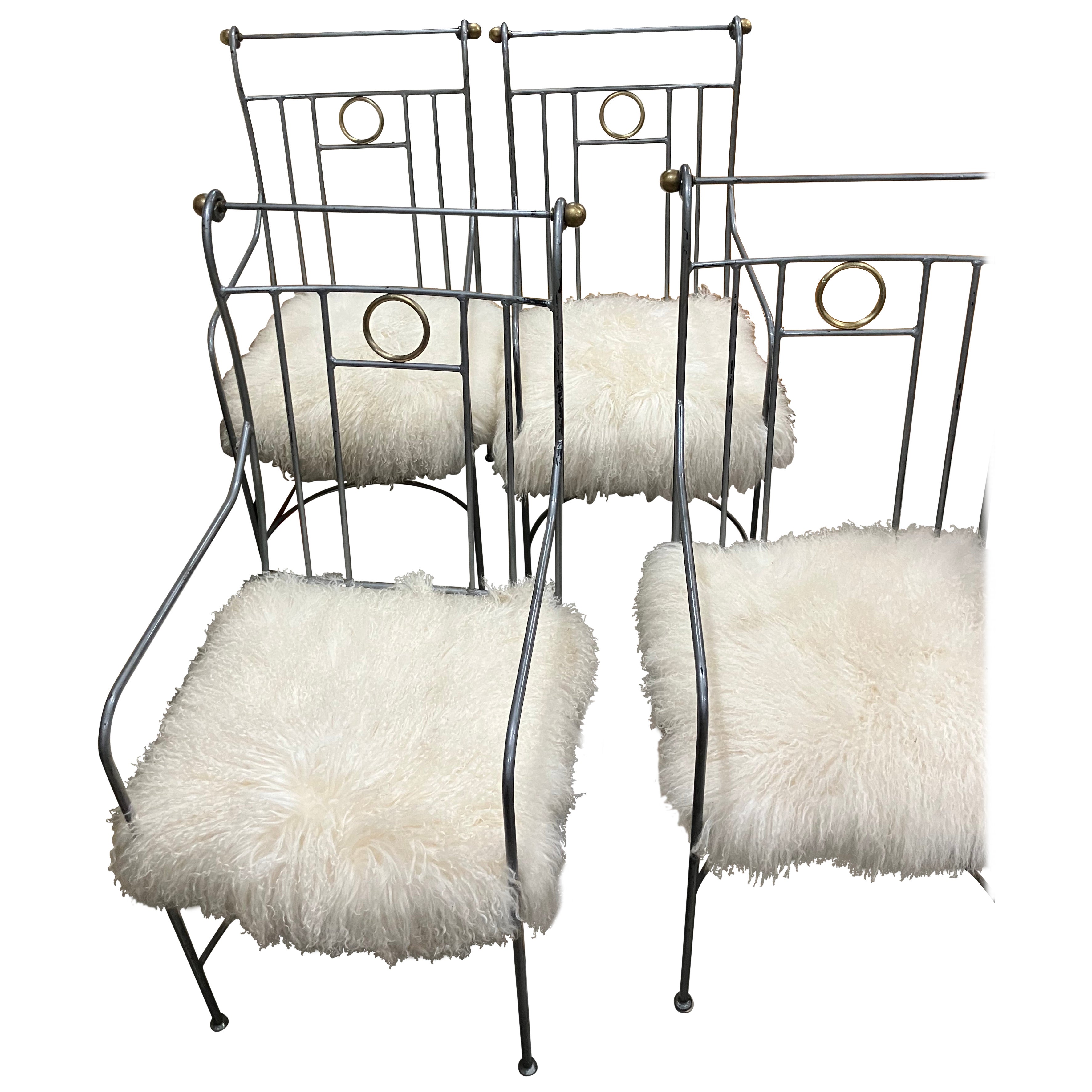 Set of Four 1980s American Metal Chairs With Custom Sheepskin Slipcovers For Sale